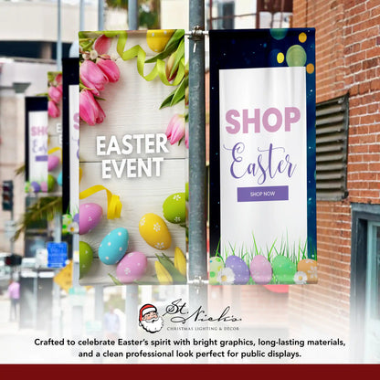 Shop Easter pole banners displayed alongside coordinating Easter event banners on city street