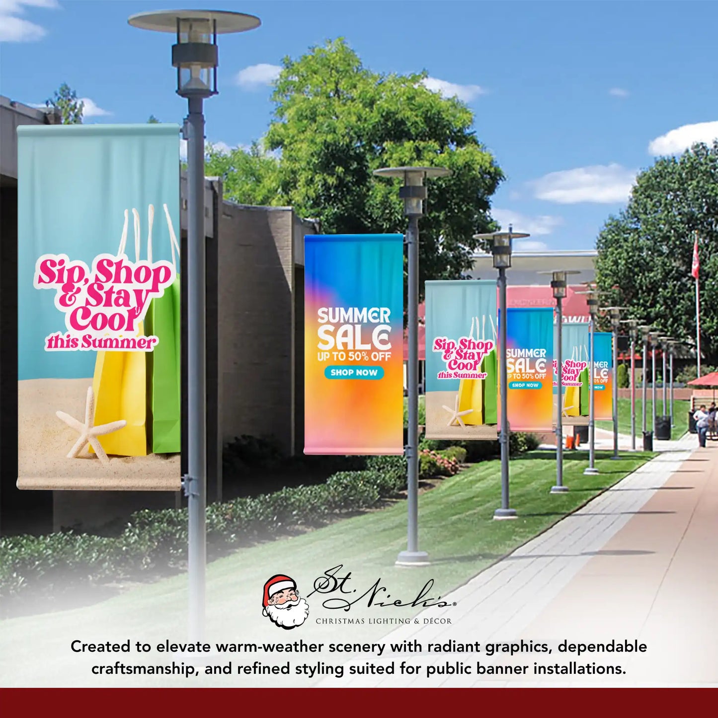 Sip Shop Stay Cool light blue street banners lining walkway with coordinated summer retail décor
