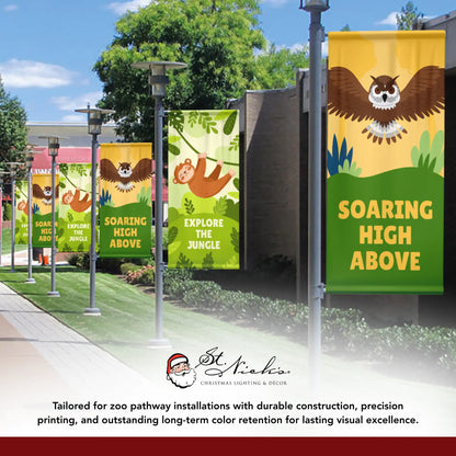 Soaring High Above owl street banner zoo and pathway installation outdoor decor