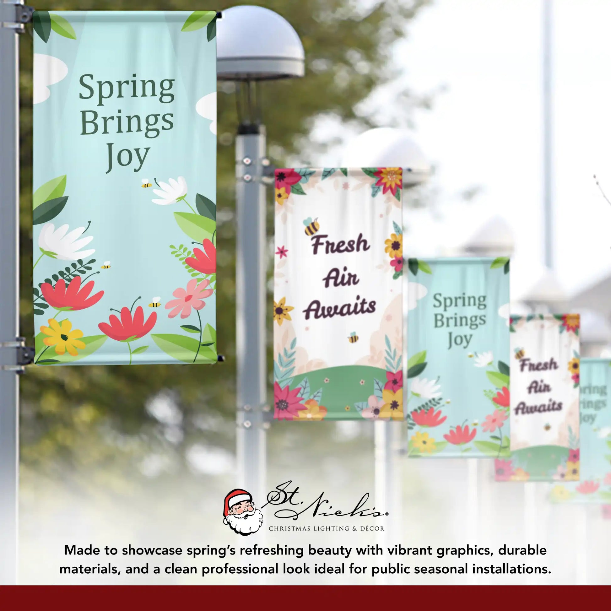 Spring Brings Joy spring pole banner displayed alongside complementary spring banner designs