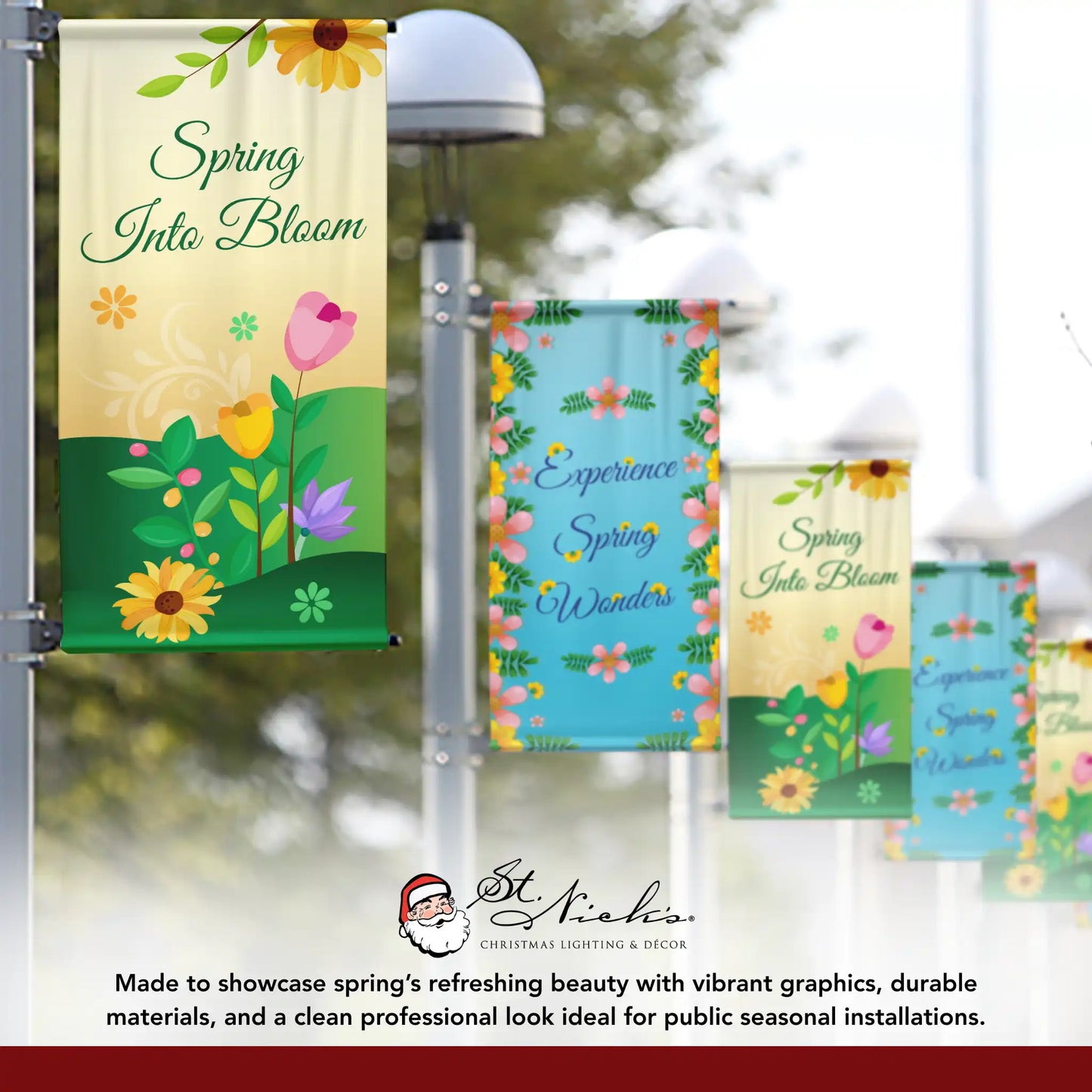 Spring Into Bloom spring pole banner paired with complementary spring street banners in coordinated display