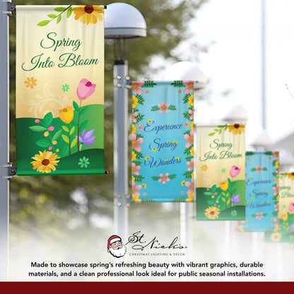 Spring Into Bloom spring pole banner paired with complementary spring street banners in coordinated display
