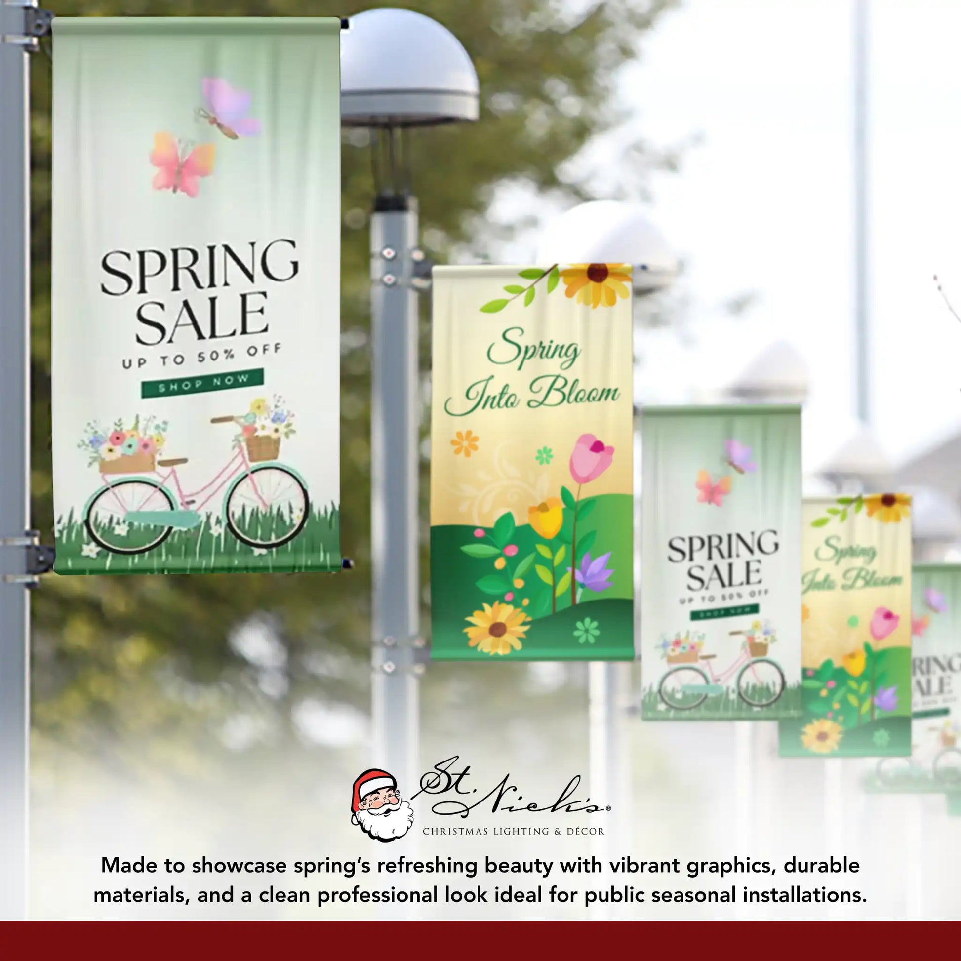Spring Sale pole banners displayed with coordinating spring themed banners on pedestrian walkway