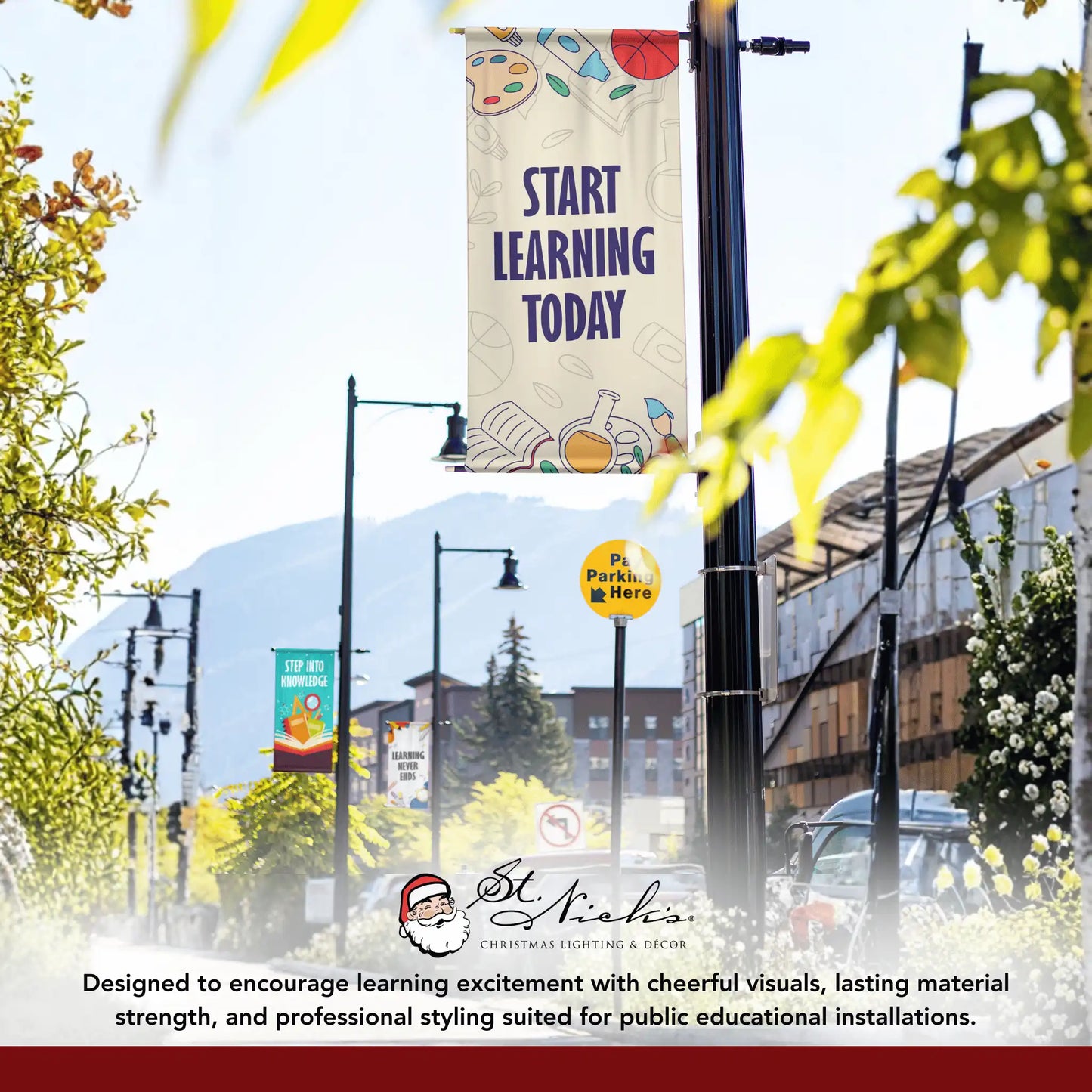Start Learning Today school pole banner displayed alongside complementary back-to-school banner designs