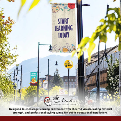 Start Learning Today school pole banner displayed alongside complementary back-to-school banner designs