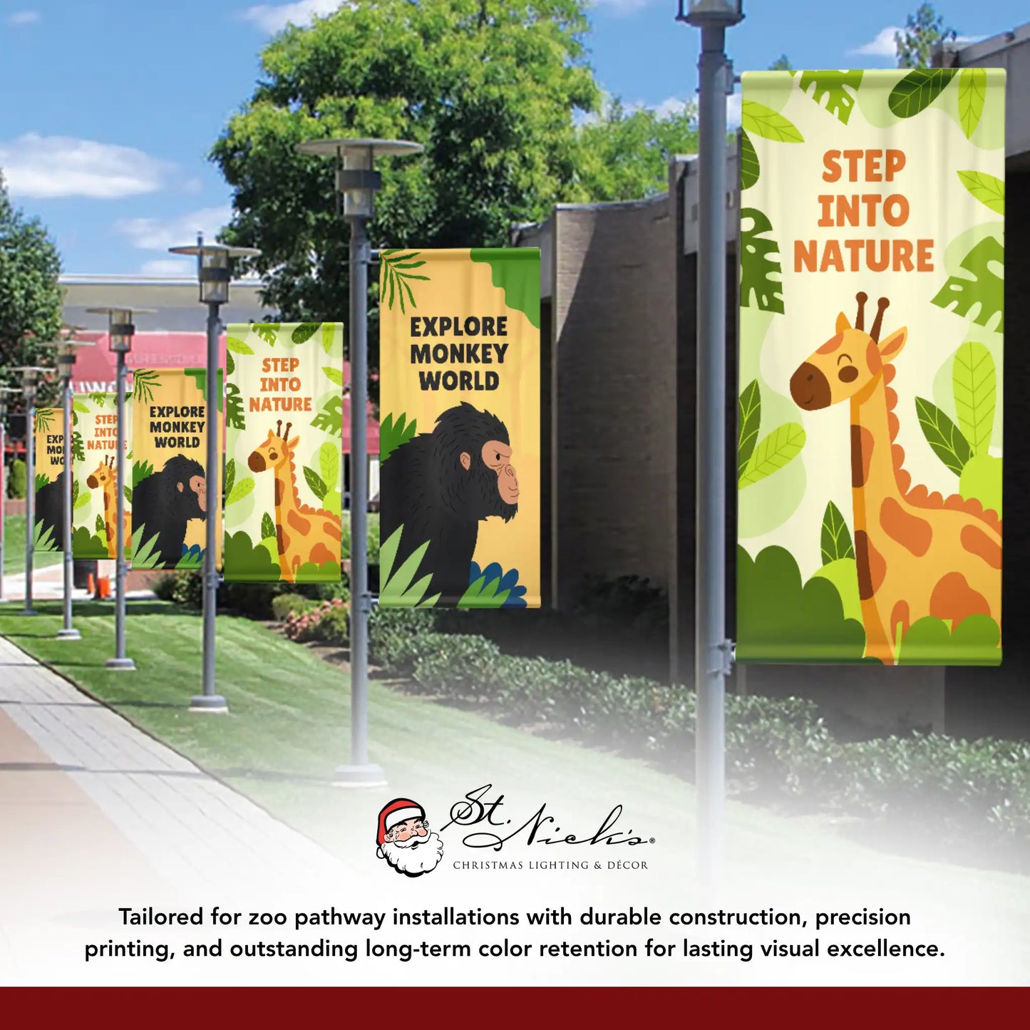 Step Into Nature green zoo pathway banners with coordinated animal and nature-themed graphics