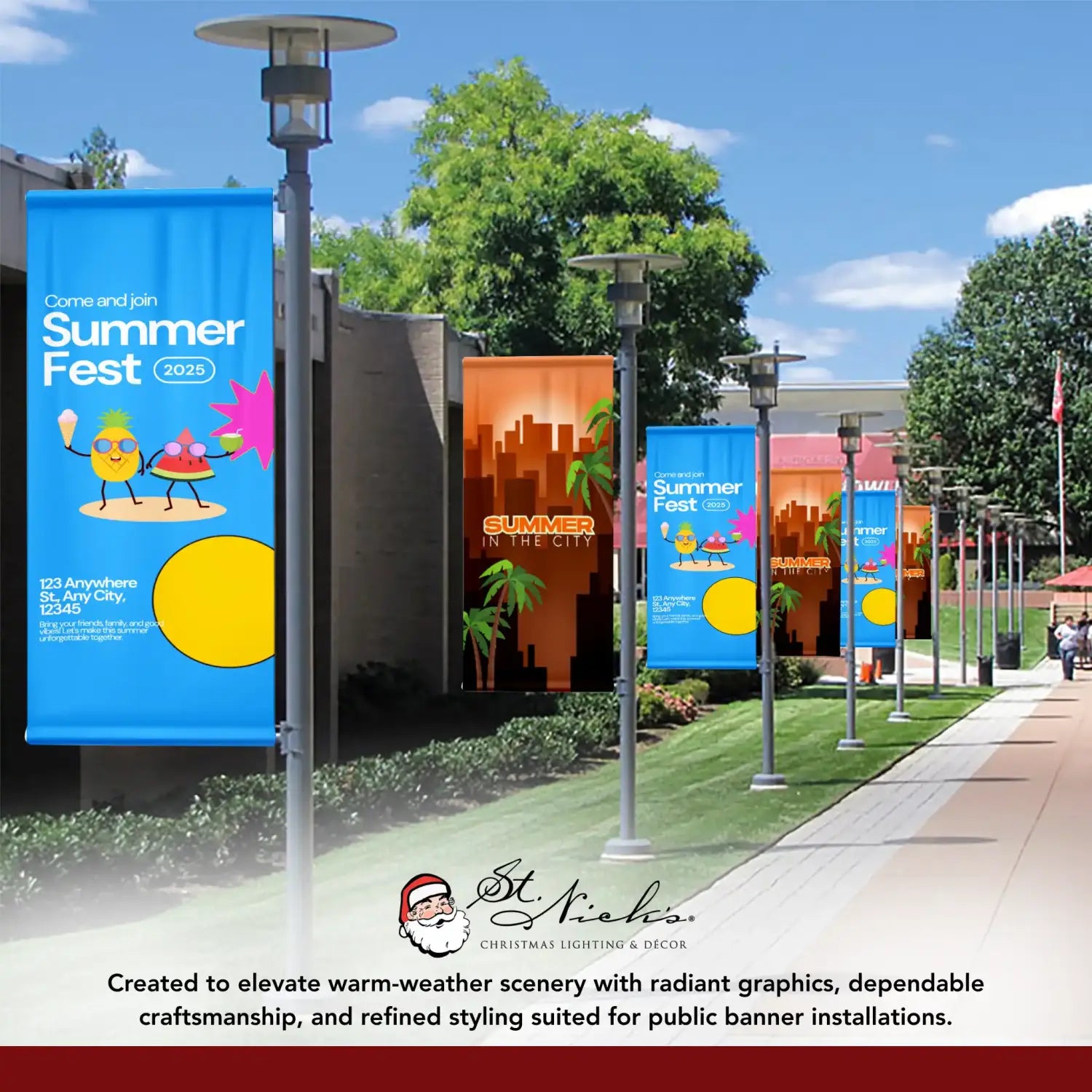 Summer Fest 2025 blue street banners lining walkway with coordinated festival décor