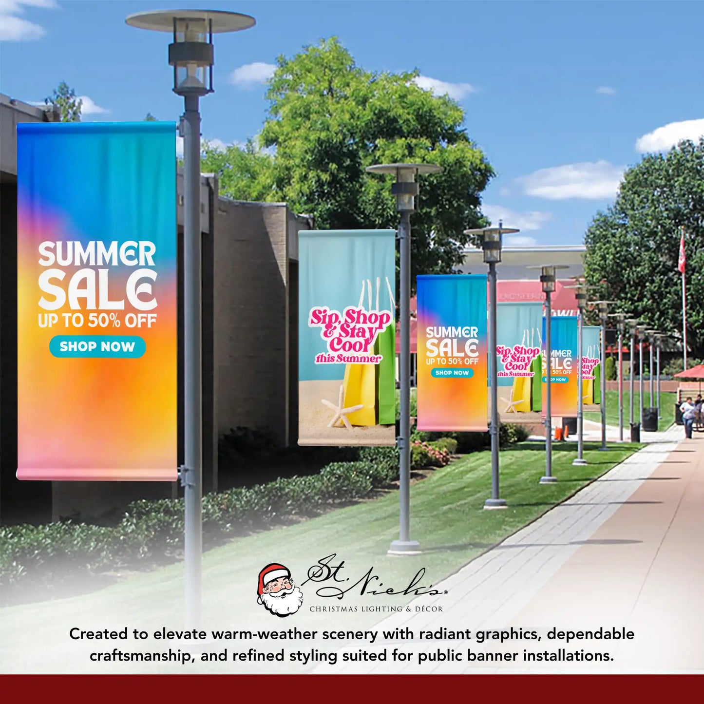 Summer Sale gradient street banners lining walkway with professional outdoor presentation