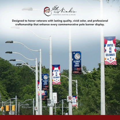 United As We Celebrate Veterans Day pole banners displayed throughout city streets