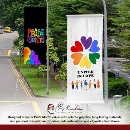 United in Love pride pole banner shown alongside complementary Pride Month pole banner designs