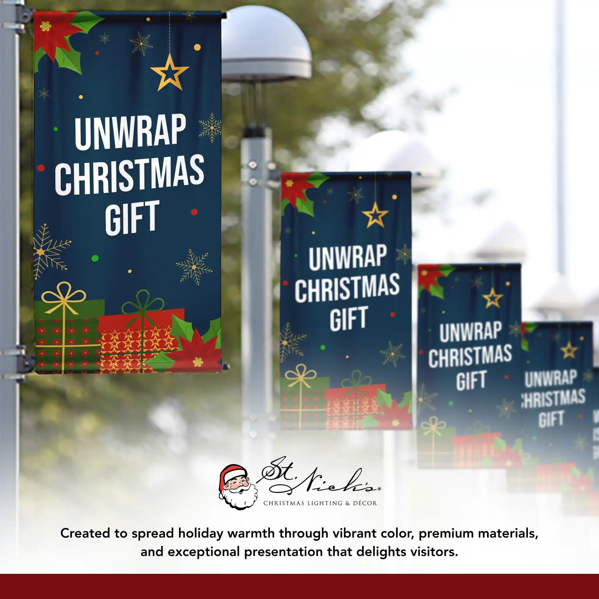 Unwrap Christmas Gift Christmas pole banner displayed alongside complementary holiday banner designs