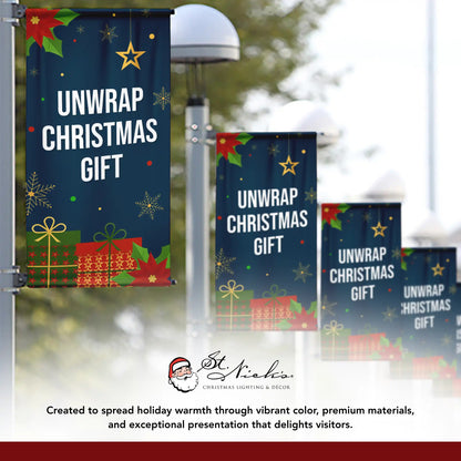 Unwrap Christmas Gift Christmas pole banner displayed alongside complementary holiday banner designs