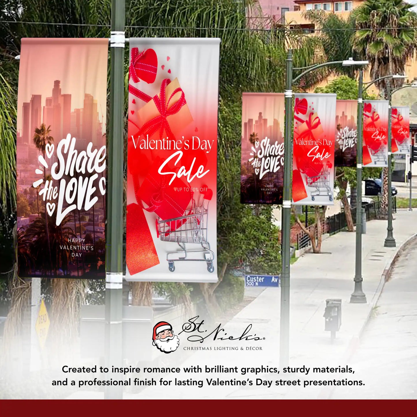 Valentine’s Day Sale pole banner displayed alongside complementary Valentine’s banner designs