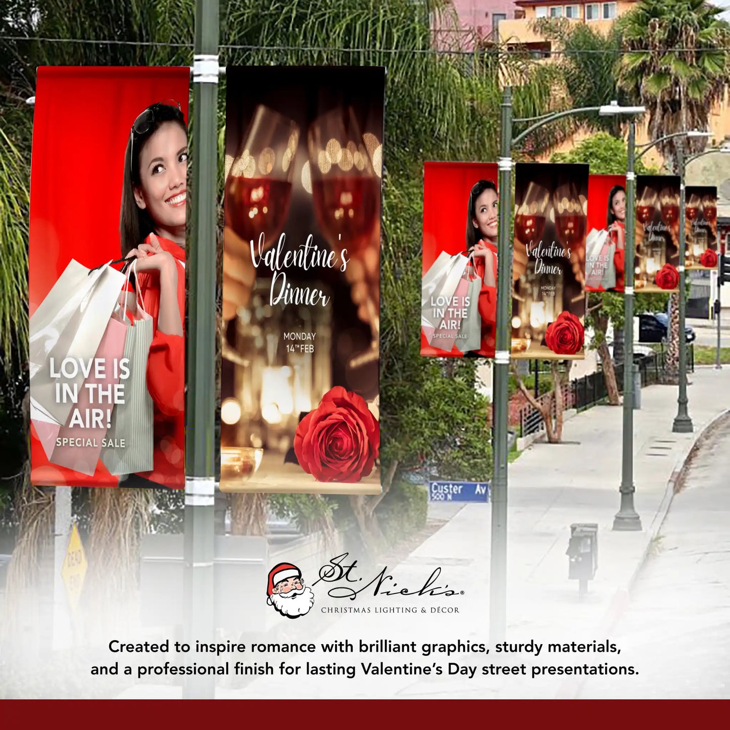 Valentine’s Dinner pole banner displayed alongside complementary Valentine’s banner designs