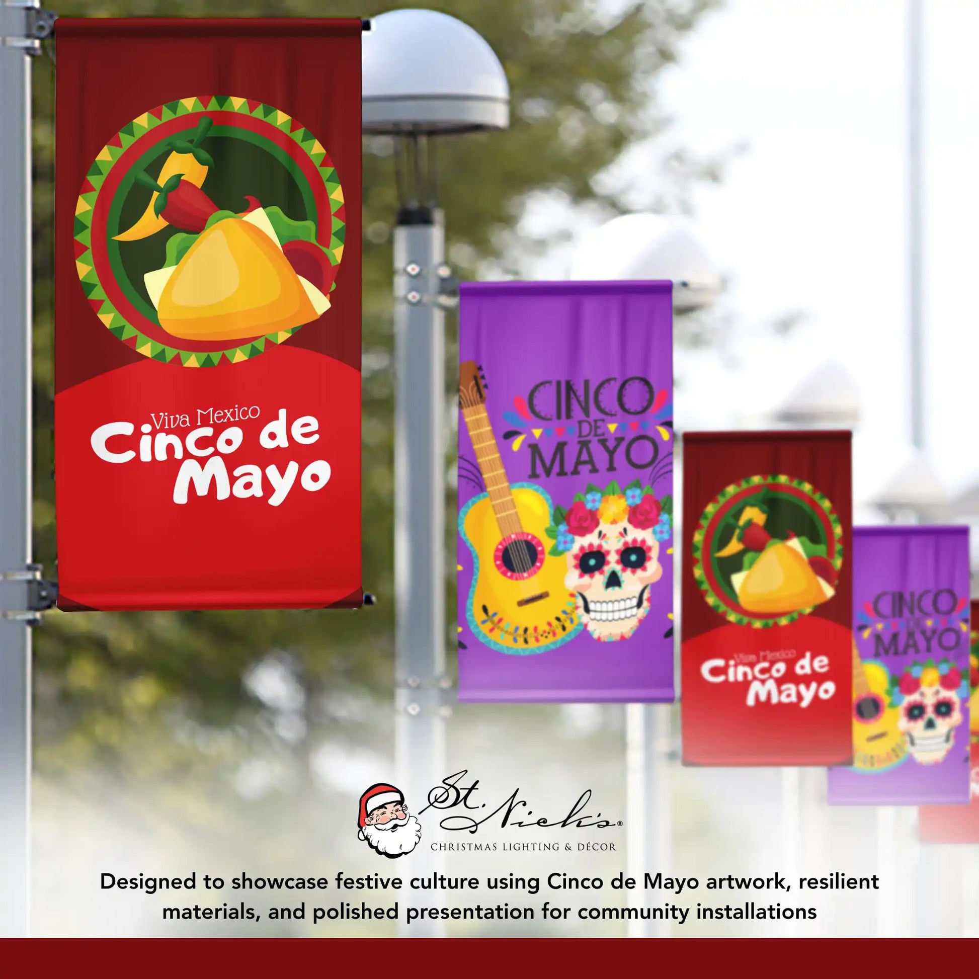 Viva Mexico Cinco de Mayo pole banner displayed alongside coordinating Cinco de Mayo street banners