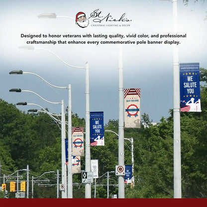 We Salute You blue Veterans Day street banners displayed throughout community