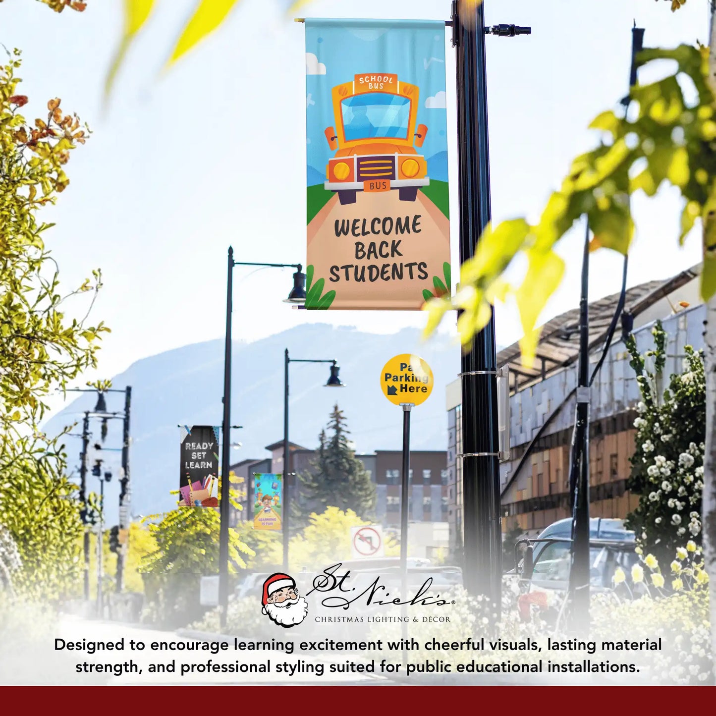 Welcome Back Students school bus pole banner displayed alongside complementary back-to-school banner designs