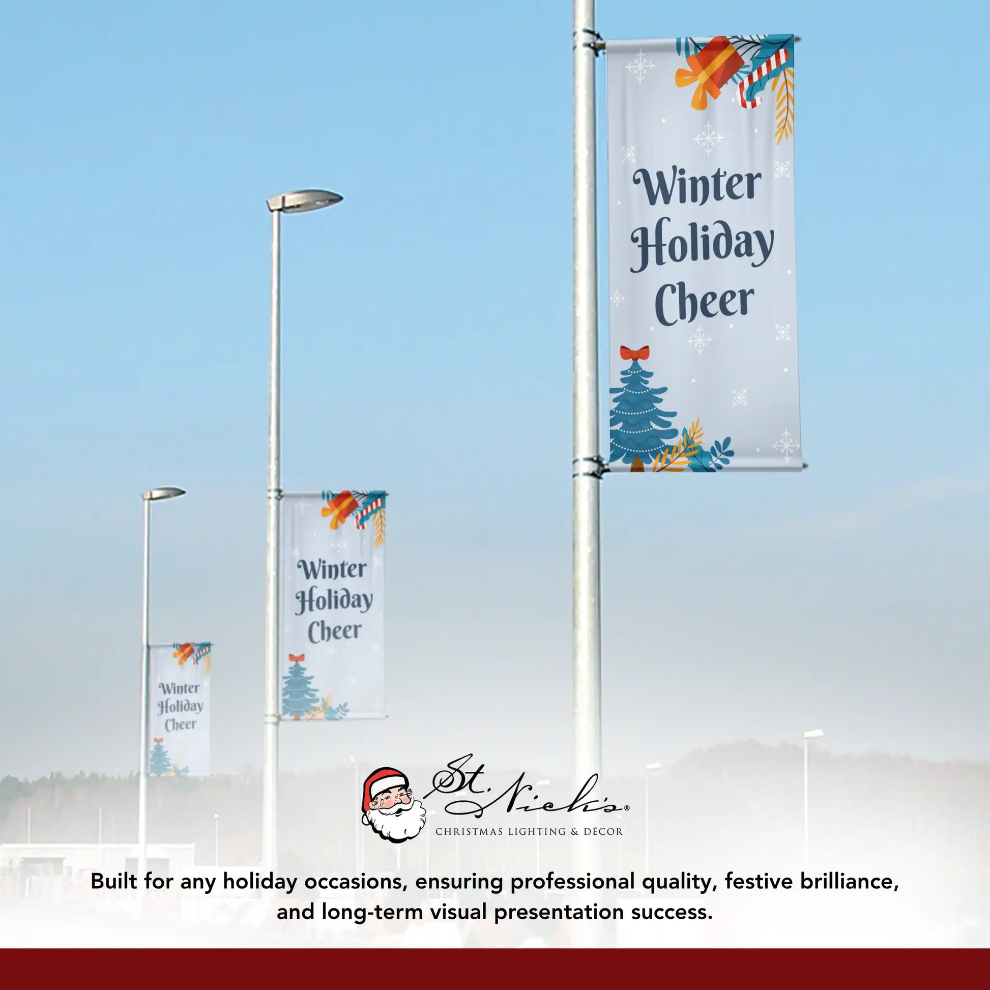 Winter Holiday Cheer winter pole banner displayed alongside matching seasonal banner designs