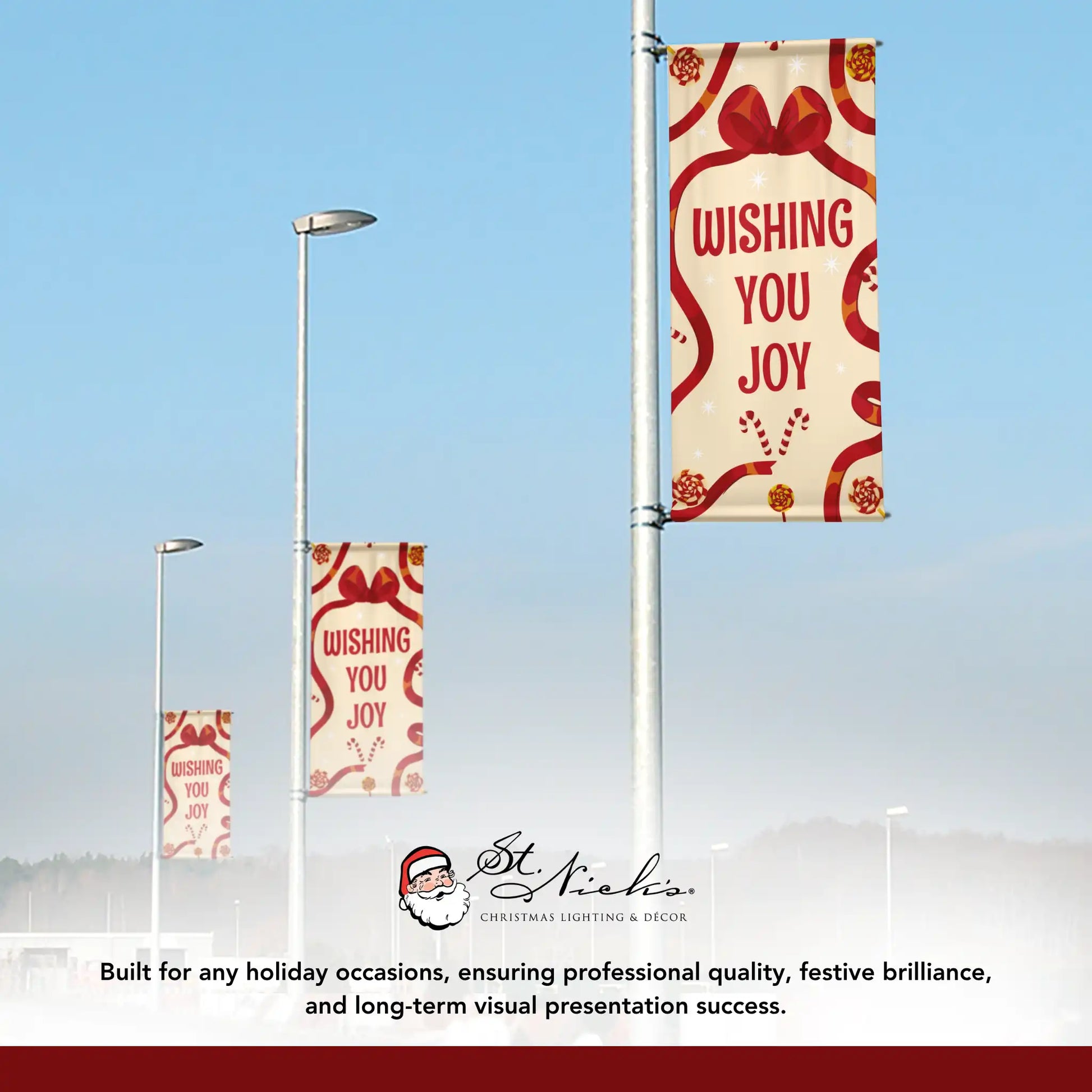 Wishing You Joy holiday pole banner displayed alongside complementary festive banner designs