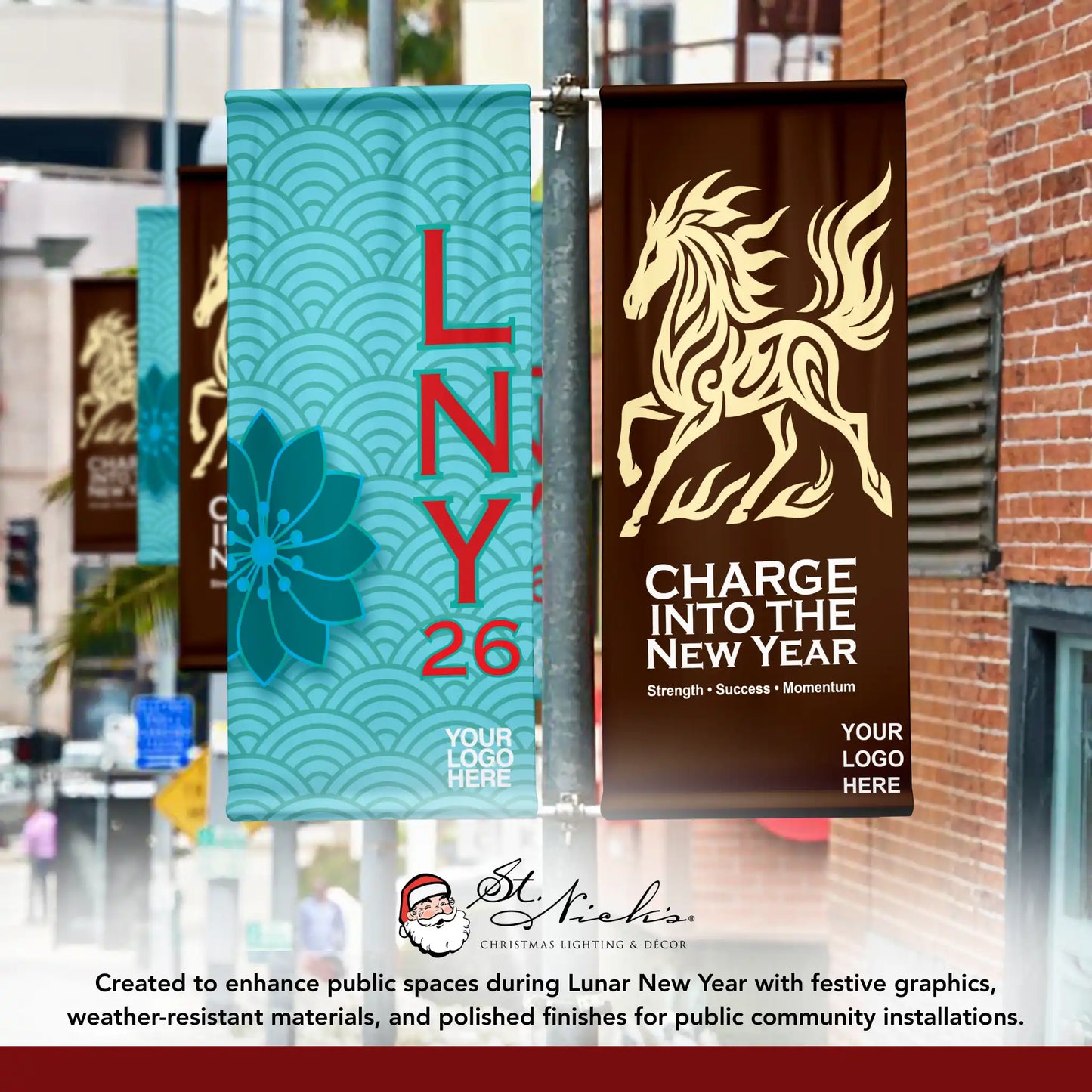 Year of the Horse Lunar New Year pole banner displayed alongside complementary Lunar New Year street banner designs