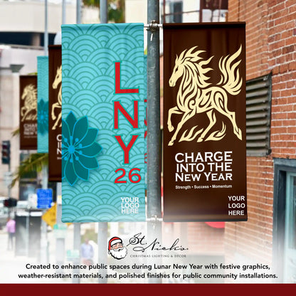 Year of the Horse Lunar New Year pole banner displayed alongside complementary Lunar New Year street banner designs