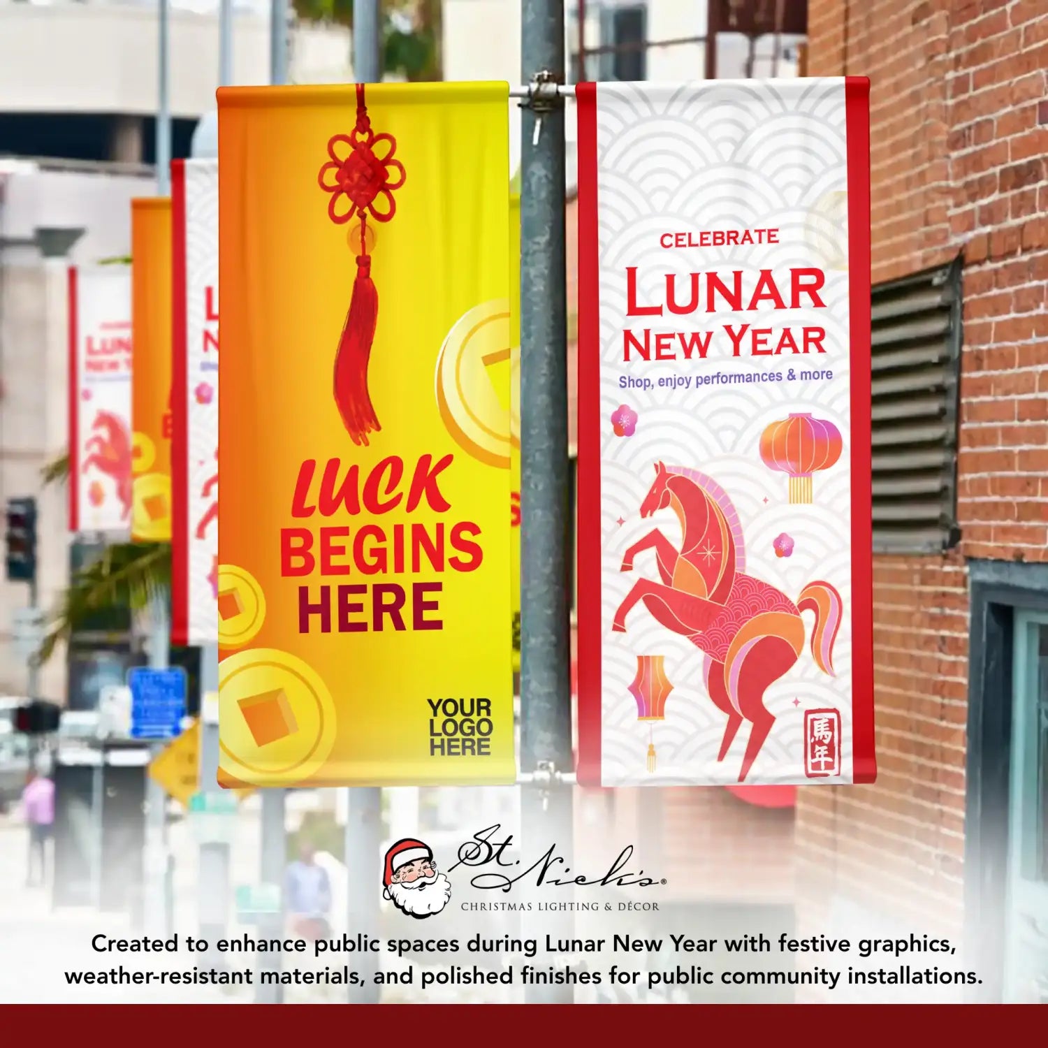 Year of the Horse Lunar New Year pole banner shown alongside complementary Lunar New Year street banners