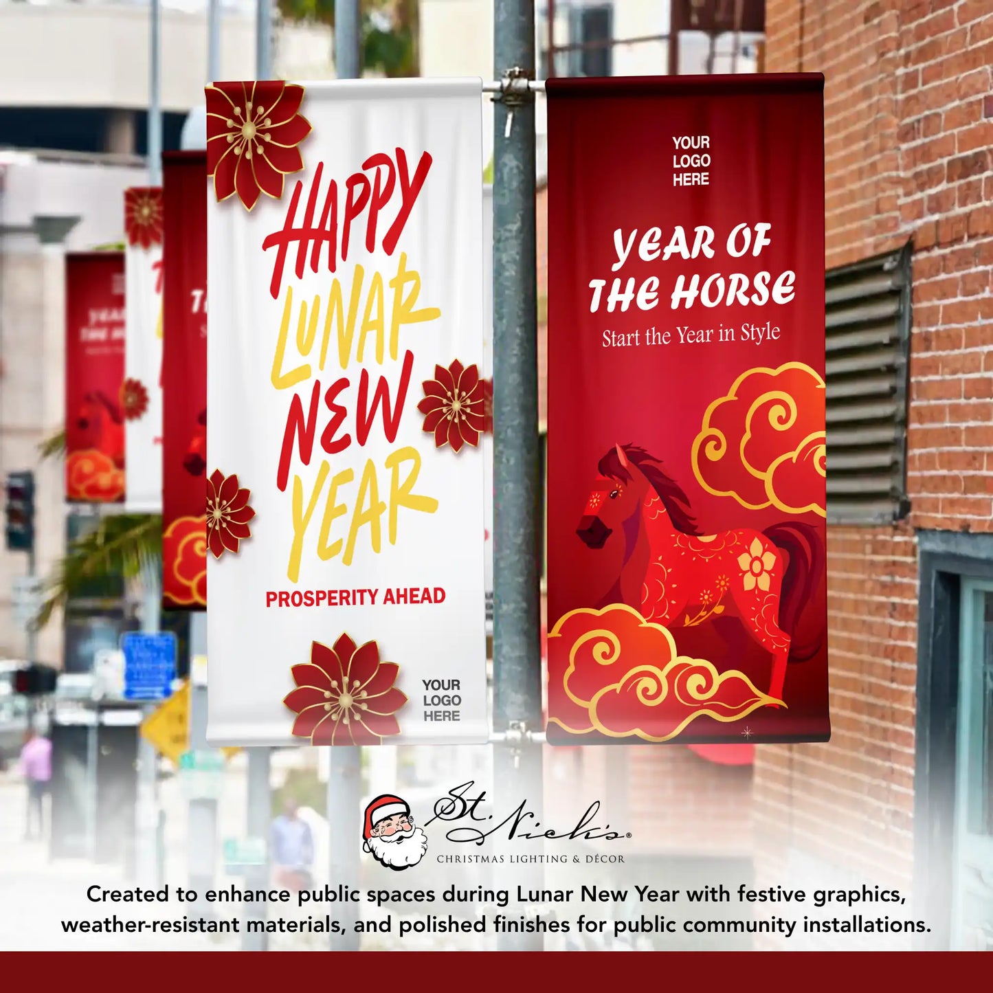 Year of the Horse Lunar New Year pole banner displayed alongside complementary Lunar New Year street banners