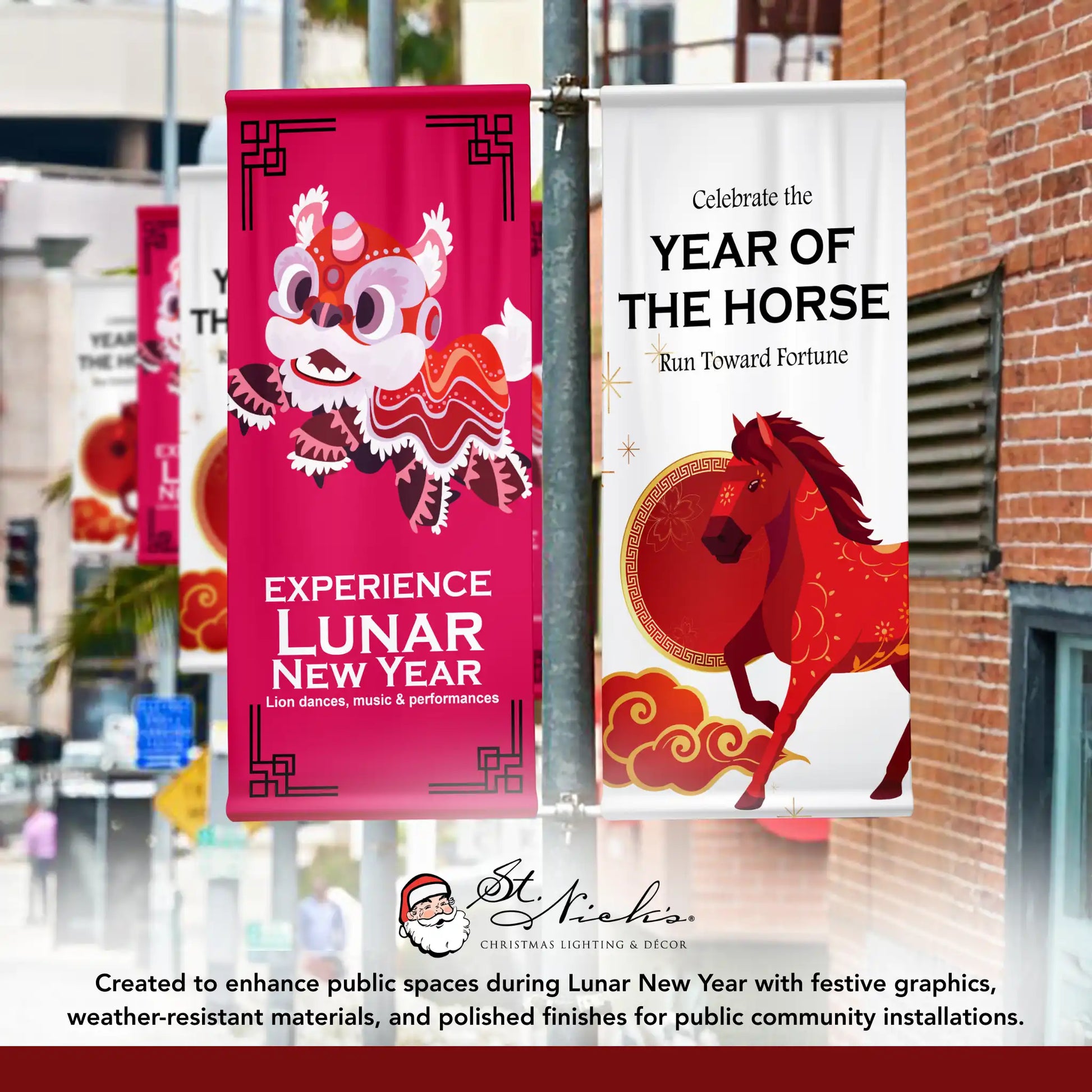 Year of the Horse Lunar New Year white pole banner shown alongside complementary Lunar New Year street banners