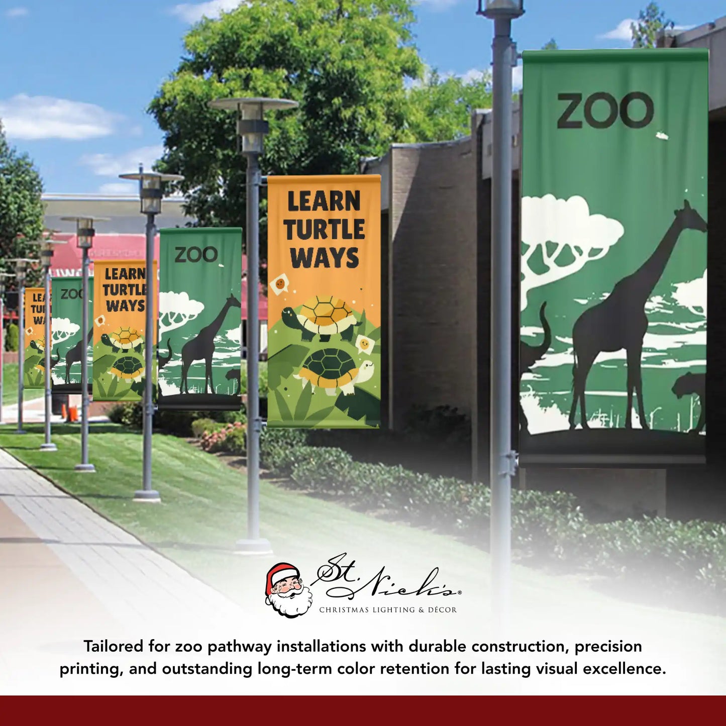 Zoo pole banners displayed along pathway with coordinated educational and animal designs