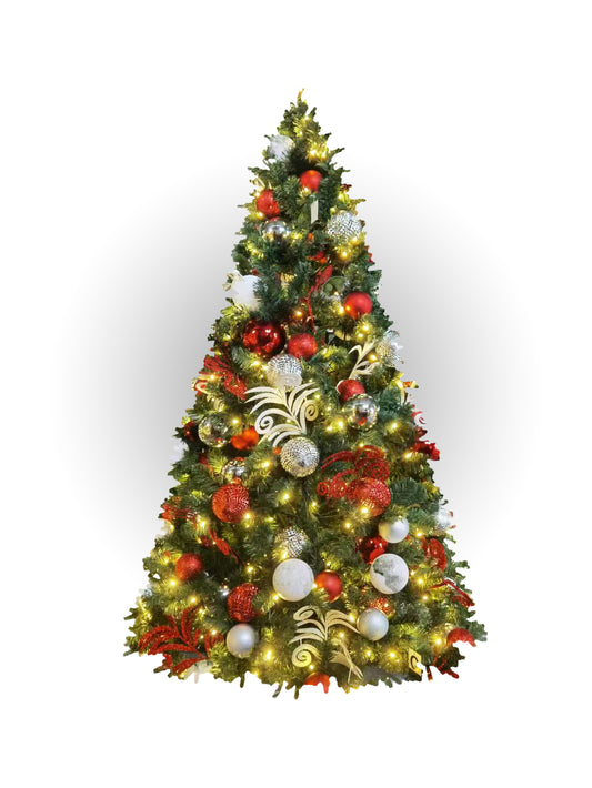 7.5ft-red-white-and-silver-christmas-lighting-and-decor-predecorated-pvc-tree-st-nicks-CA