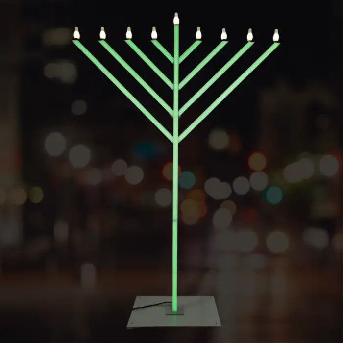 9 foot Green Menorah with lit candles