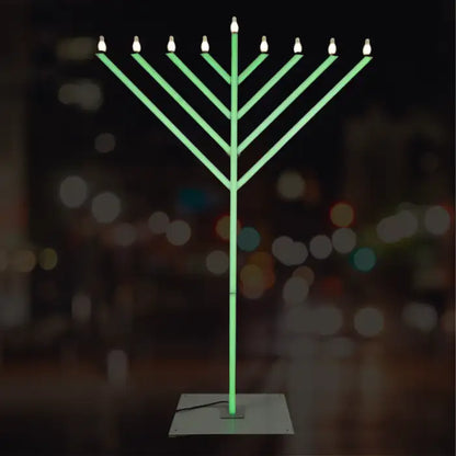 9 foot Green Menorah with lit candles
