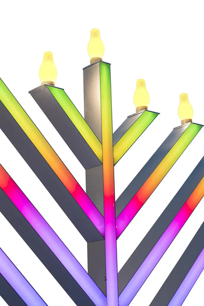 Colorful Menorah with lit candles double sided