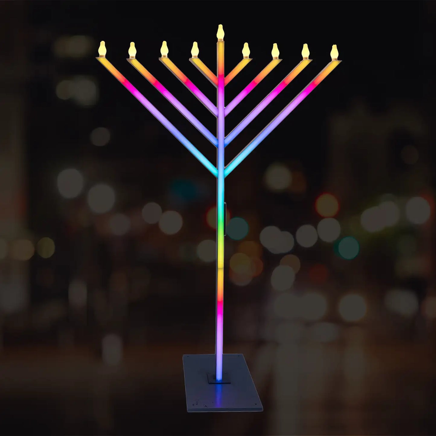 Colorful Menorah with lit candles double sided