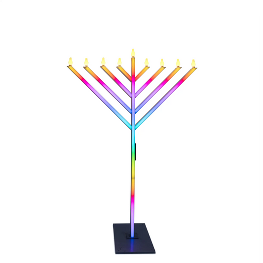 Colorful Menorah with lit candles double-sided