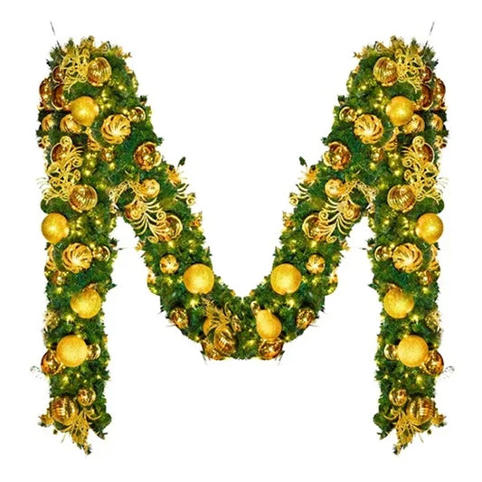 Green-Garland Pre-Decorated-Gold-W-Warm-White-Lights-9X14-1