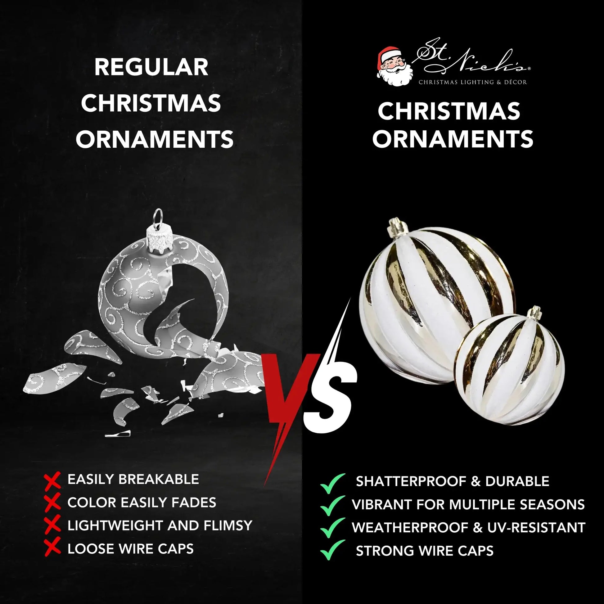 Comparison between regular Christmas ornaments and St. Nick's Christmas ornaments 