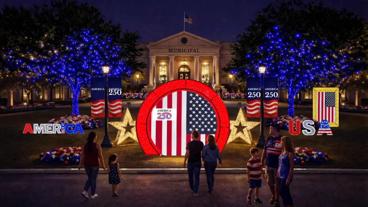American flag decorations and 'Municipal' sign america-250-patriotic-displays-outdoor-60