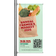 Promotional banner for Annual Farmer's Market 2025 with a QR code on a light green background.