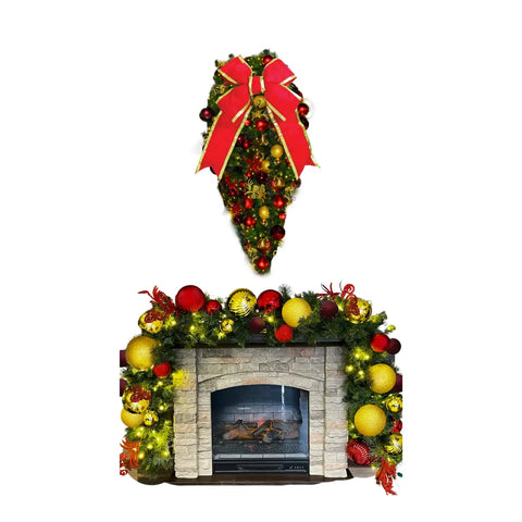 Decorative Christmas wreath with a red bow and colorful ornaments