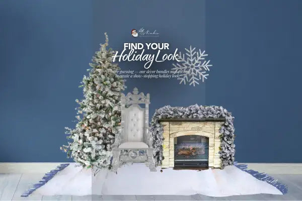 Decorative scene with a fireplace, Christmas tree, and santa chair