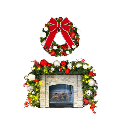 Decorative Christmas wreath with red bows and ornaments 