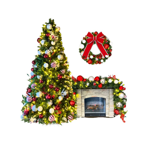 Decorated Christmas tree with ornaments, a wreath, and fireplace mantel decorations on a white background.