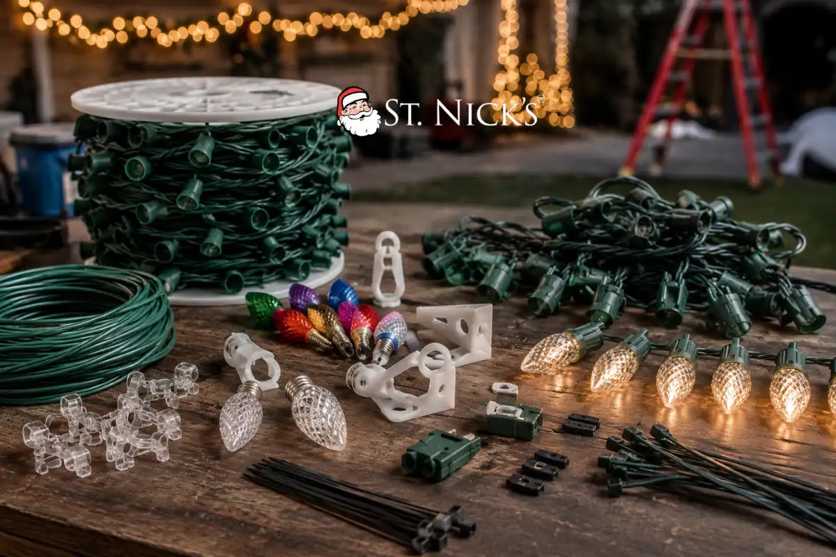C7 and C9 bulbs, green socket wire, clips, connectors, and cable ties arranged for a professional Christmas light installation.