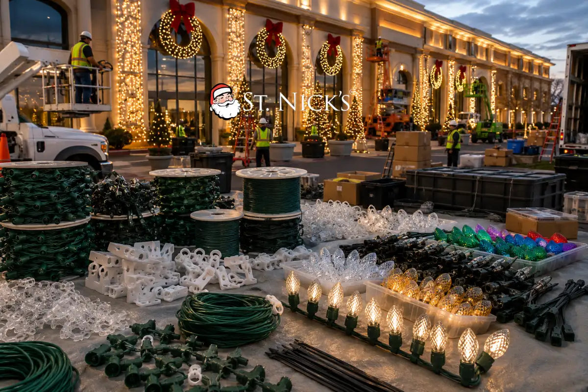 Bulk C7 and C9 bulbs, socket wire, clips, cords, and hardware staged for a large commercial Christmas light installation.