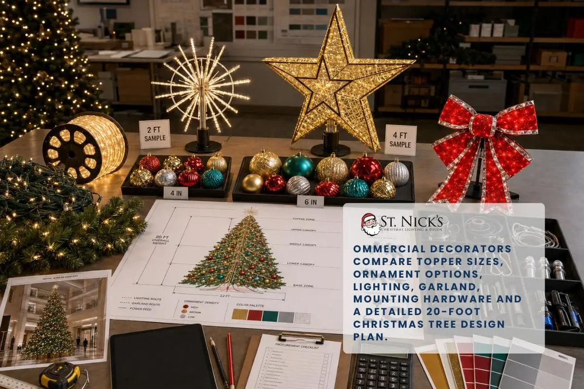 Commercial Christmas tree planning table with topper samples, ornaments, lights, garland, bow, hardware and a 20-foot tree design plan.