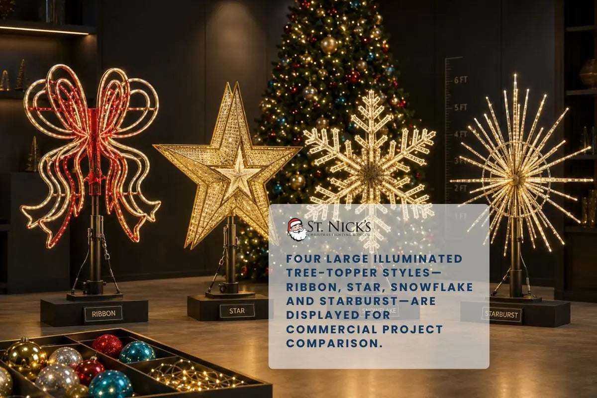 Commercial Christmas tree topper options featuring illuminated ribbon, star, snowflake and starburst designs.