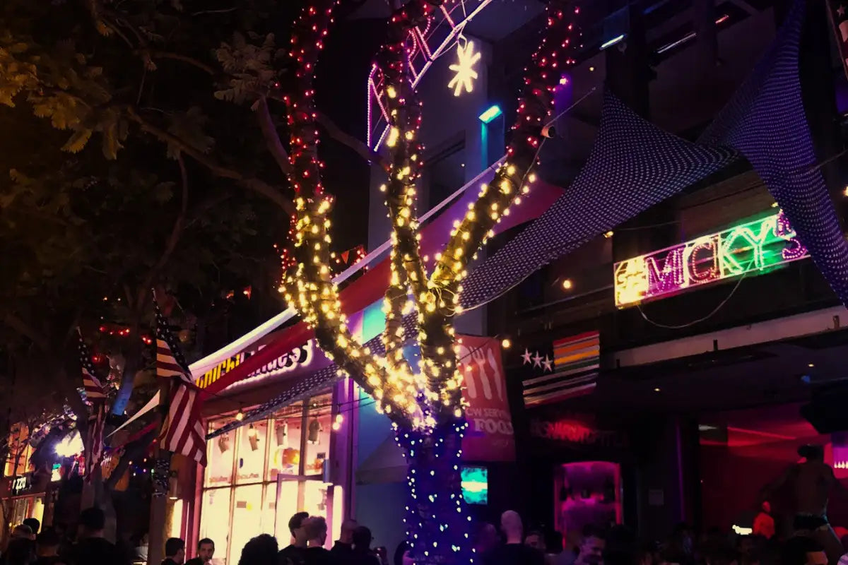 Decorative street scene with lights and signs at night for memorial day