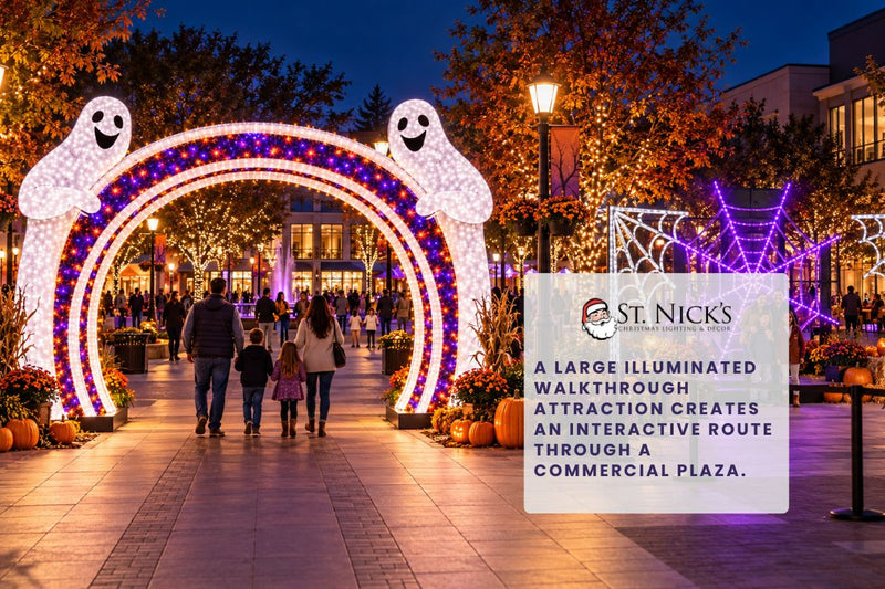 Illuminated Halloween walkthrough creates a defined visitor route through a public plaza.