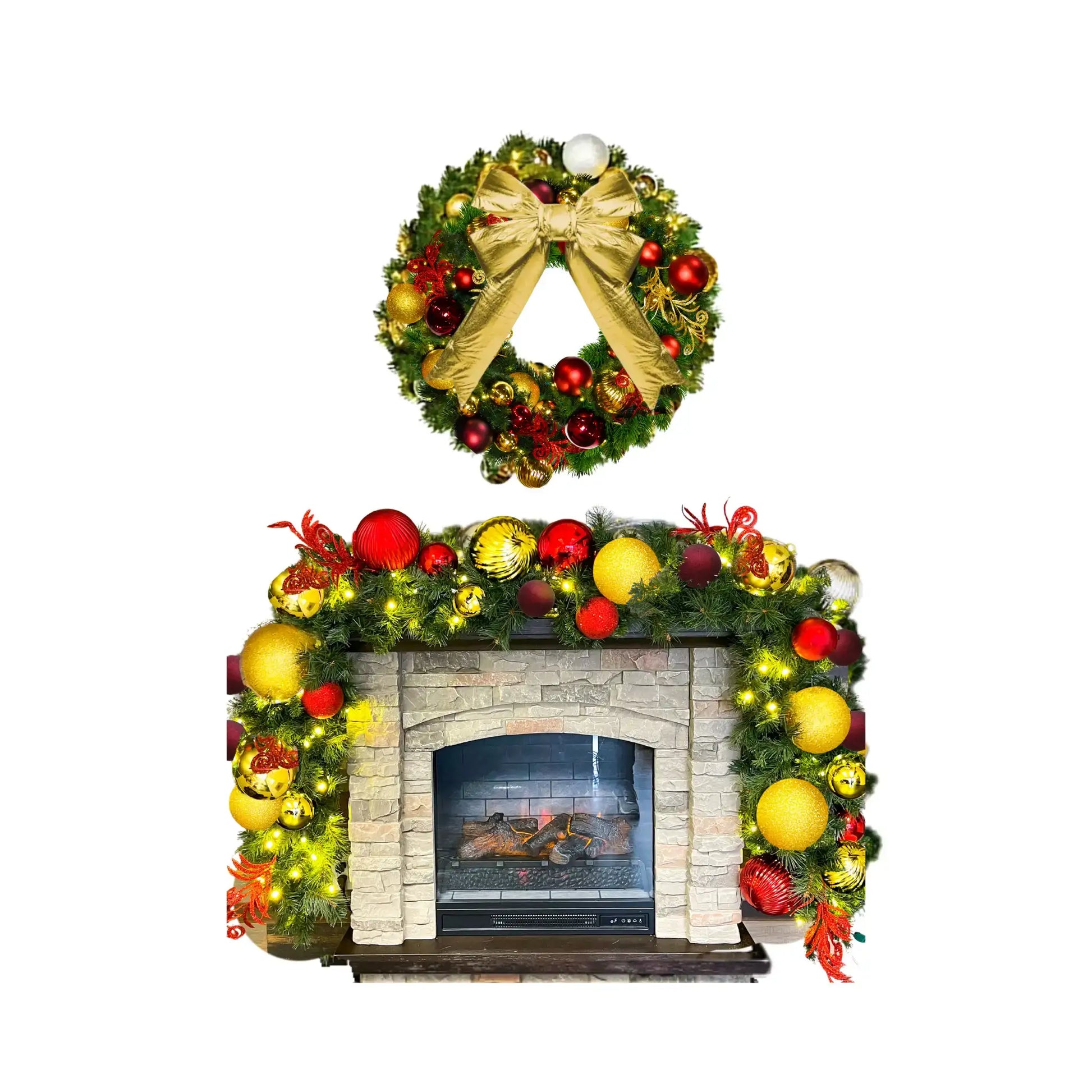 Decorative Christmas wreath with gold bow and colorful ornaments on a fireplace.